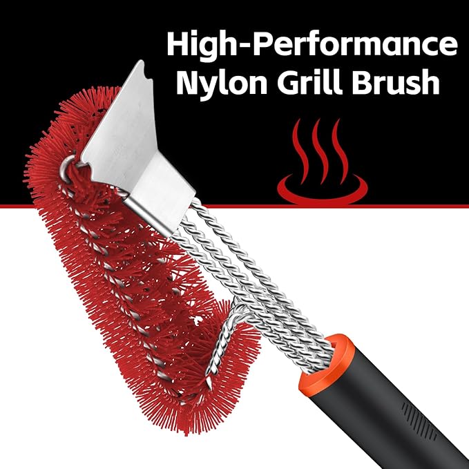 XUDAKAIXIN Grill Brush and Scraper, Safe Nylon Bristles Barbecue Outdoor Grill Brush for Cooled Grates, Extra Strong BBQ Cleaner Accessories(Red)