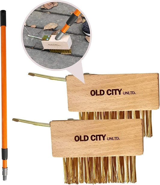 Moss Remover Deck Crevice Cleaning Tool with Pole Includes 2 Paver Brushes, Tool for Weeding Between Pavers, Wire Brush with Weed Hook, Deck Cleaner, Crack Weeder, Patio Weed Remover Tool