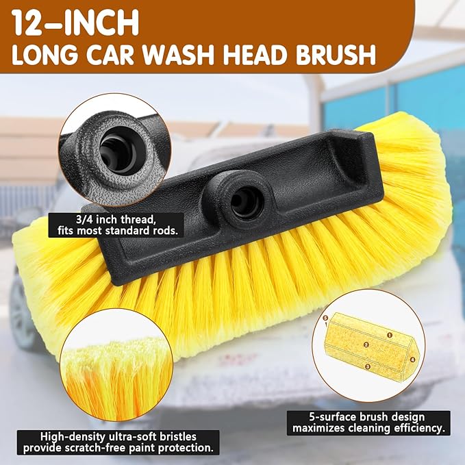 12" Car Wash Brush Head, Soft Bristle Scrub Brush, Large Durable Car Washing Brush, Wash Brushes for Vehicles, Auto, Truck, Boat, House Siding, Sweep Snow, Caravan, Solar Panel