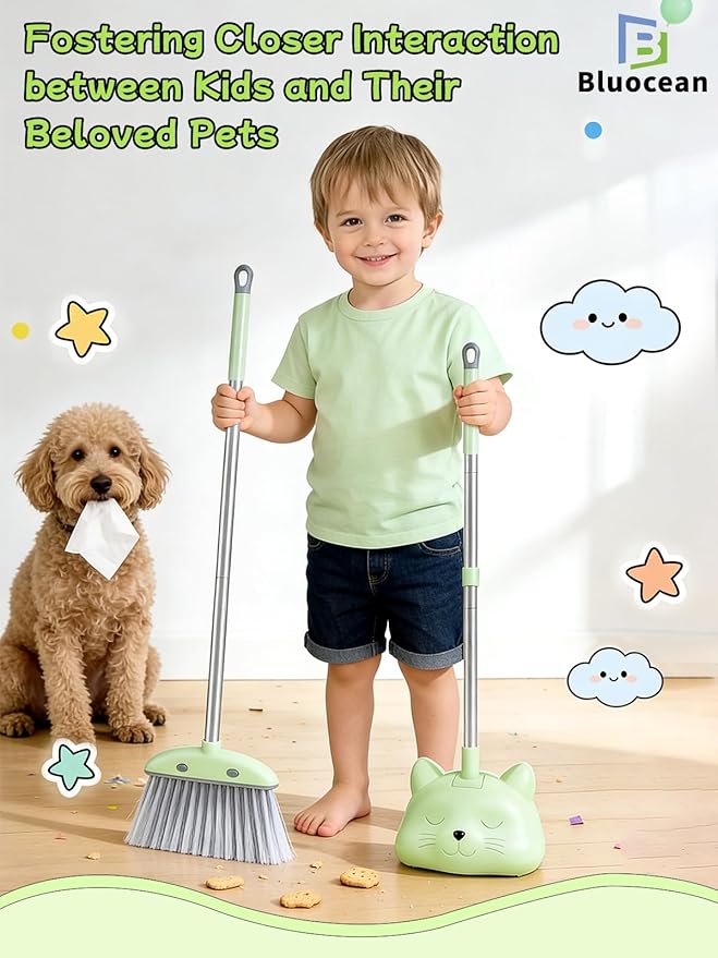 28'' Kids Mini Broom with Dustpan & Mop Set - Toddler Cleaning Toy, Toddler Household Helper, Parent-Child Interactive Play Cleaning Tool, Cute Cartoon Design, Small Safe Corner Broom (Green Sprout)