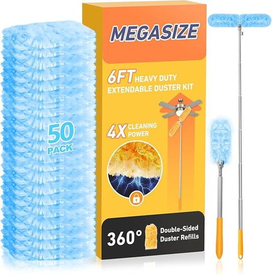 6 ft Heavy Duty Extendable Duster Handle with 50 Refills for Swiffer Duster, 360° Multi-Surface Dusters with 4X Cleaning Power for Home, Ceiling Fans, Windows, Dusting Hard-to-Reach Areas (Blue)