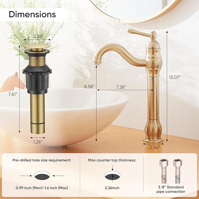 Brushed Gold Vessel Sink Faucet 360° Swivel for Bathroom Single Hole Farmhouse Tall Commercial Vanity Matching Pop Up Drain Without Overflow Mixer Tap Single Handle