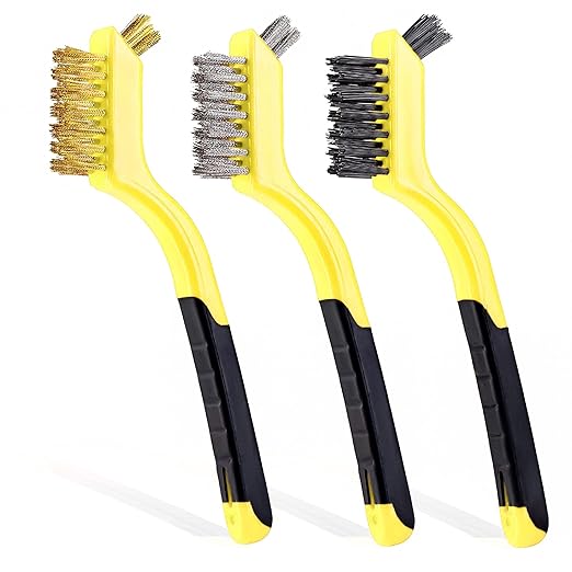 Wire Brush Set 3Pcs - Nylon/Brass/Stainless Steel Bristles with Curved Handle Grip for Rust, Dirt & Paint Scrubbing with Deep Cleaning – 7 Inches (Yellow)