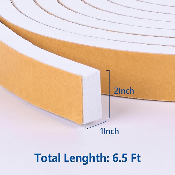 Kikerike Self Adhesive Foam Tape Weatherstrip 2In x 1In x 6.5Ft High Density Foam Insulation Strips Seal Weather Stripping with Strong Adhesive for Door and Window Sound Isolation Soundproofing