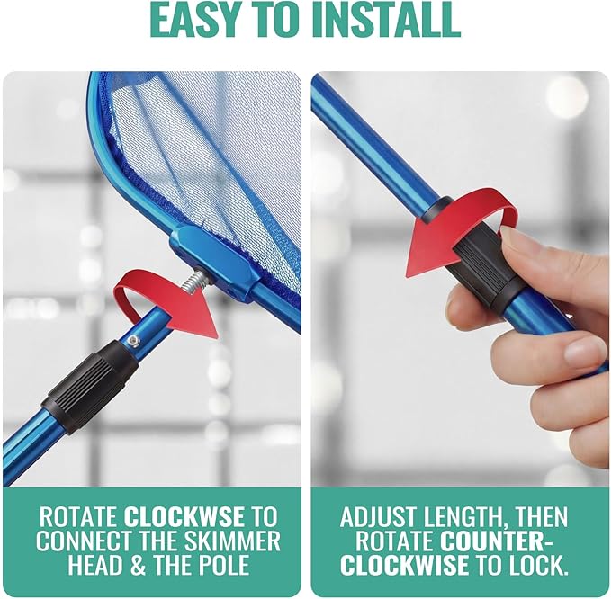 36" Hot Tub Pool Skimmer Net with Pole All-Metal Aluminum Frame & Handle for Small Above Ground Pools - Lightweight Pool Skimmer Net for Daily Leaves Bugs Removal Easy Cleaning, Metal Blue