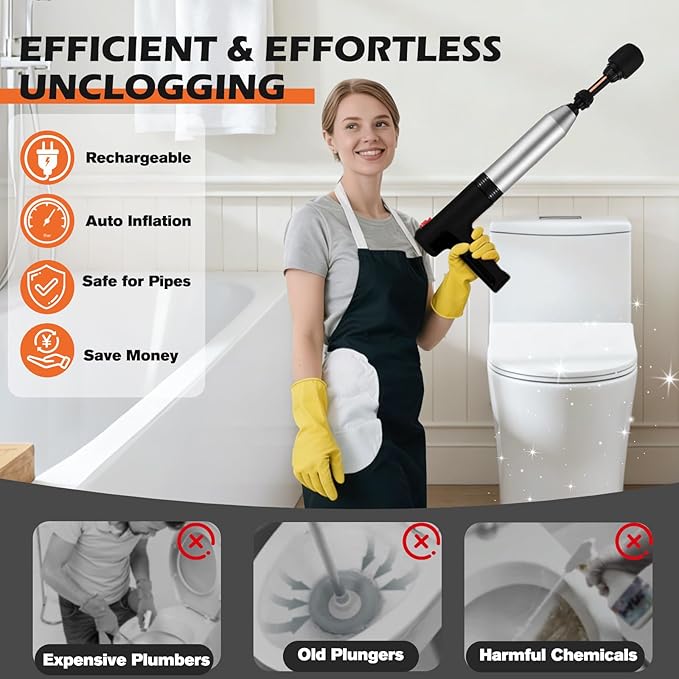 Electric Toilet Plunger, Drain Unclogger Plungers High Pressure Air Drain Blaster with Drain Auger, Splash-free Plungers for Bathroom, Plumbing Snake for Toilet, Clog Remover Heavy Duty(Black)