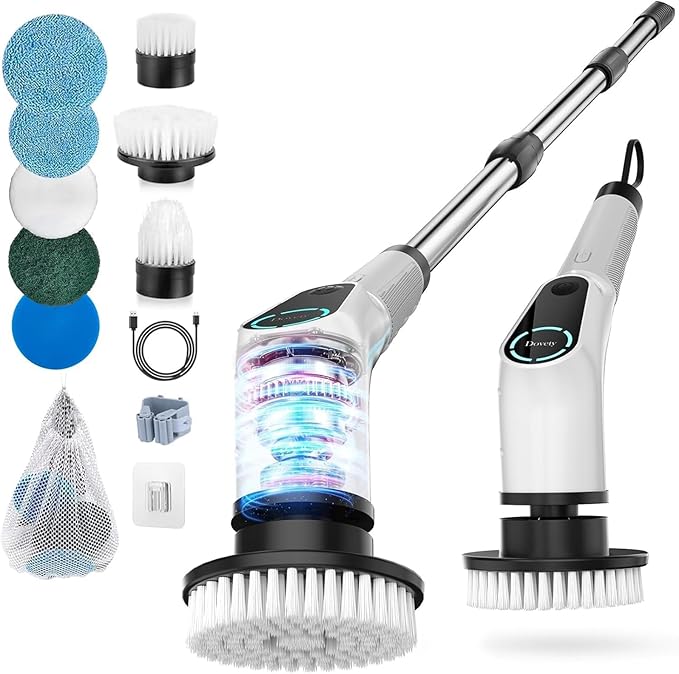 Dovety Electric Spin Scrubber, Cordless Cleaning Brush, Shower Scrubber with 8 Replaceable Brush Head, Power Cleaning Brush with Extension Handle, 2 Adjustable Speed, for Bathtub Grout Tile Floor