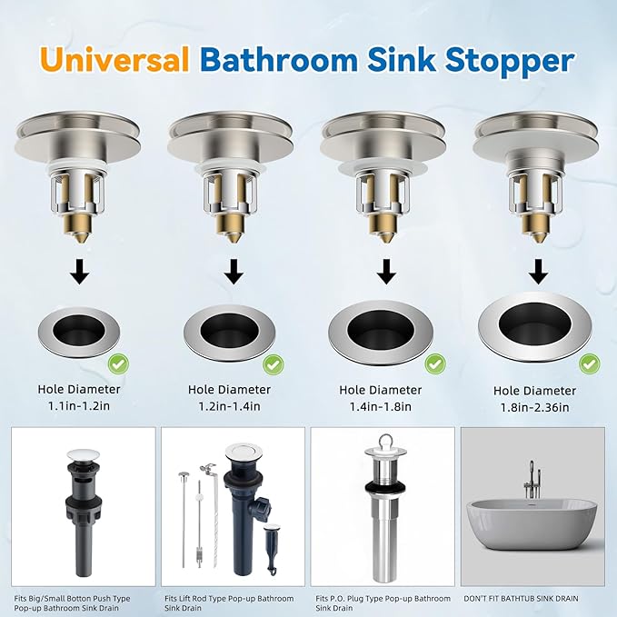 Universal Bathroom Sink Stopper, Metal Pop Up Sink Drain Strainer with Hair Catcher Basket, Fit 1.1"-2.36" US Basin, Wash Basin Drain Plug, Big/Small Cover Cap, Brass Bounce Core, Brushed Nickel