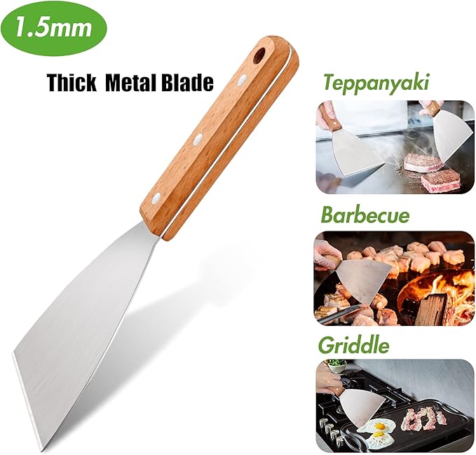Grill Griddle Scraper Set of 3, Leonyo Stainless Steel Metal Flat Top Grill Scraper Tool for Teppanyaki BBQ Dough Pancake Pizza Home Baking Cooking, Wooden Grip
