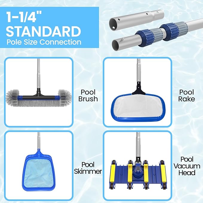 Poolvio 12FT Pool Pole, 2-Piece Telescopic Swimming Pool Cleaning Pole with Universal Threaded Tips, 2-in-1 Design for Skimmer Nets, Vacuum Heads, Brushes & Household Cleaning Tools