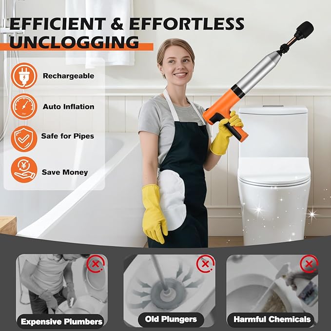 Electric Toilet Plunger, High Pressure Toilet Snake Drain Clog Remover, Splash-free Unclogger with Drain Snake Auger, Plungers for Bathroom Heavy Duty, Versatile Air Blaster Unclogger Kit (Orange)