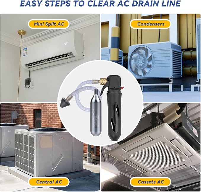 Drain Device, AC Drain Line Cleaner Device, AC Drains Line Unclogger Tool, with 6 Unthreaded CO2 Cartridges, with a Flexible Hose to Clear All HVAC Clogs,16 Gram Unthreaded CO2,Black