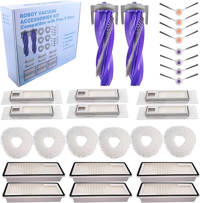 Replacement Accessories Parts Kit Compatible with Narwal Freo X Ultra - Includes 6 Dust Bags, 6 Mop Pads, 6 Filters, 8 Side Brushes, 2 Rubber Main Brushes (Freo X Ultra)