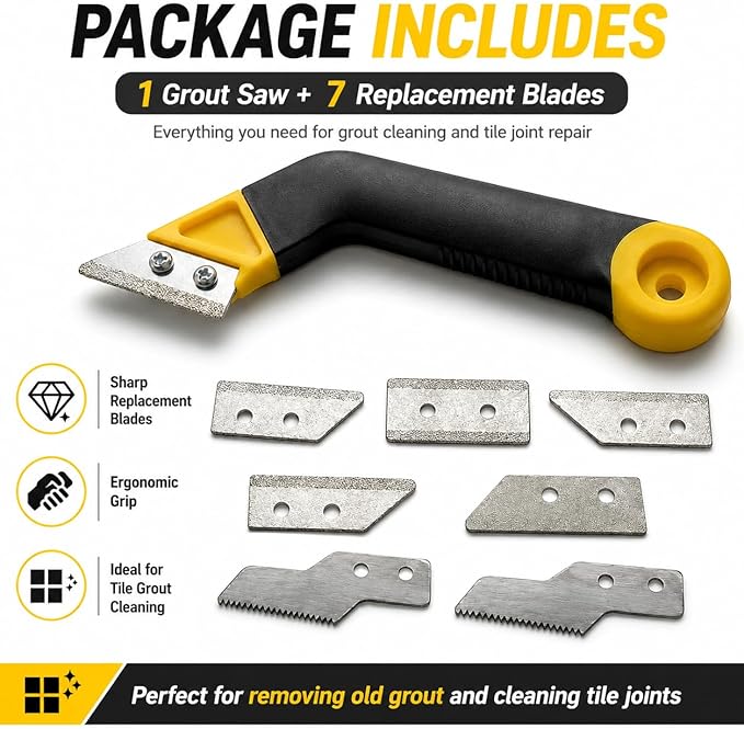 Tile Grout Saw, Angled Saw with 7PCS Extra Blades Replacement, Grout Removal Tool for Tile Cleaning and Repair