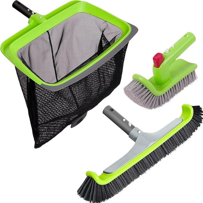 Sepetrel 3-Piece Pool Cleaning Kit -Pool Skimmer Net, 17.5" Aluminum Pool Wall Brush & 90° Rotatable Hand Scrub Brush for Steps, Corners, Vinyl Liners(No Pole)