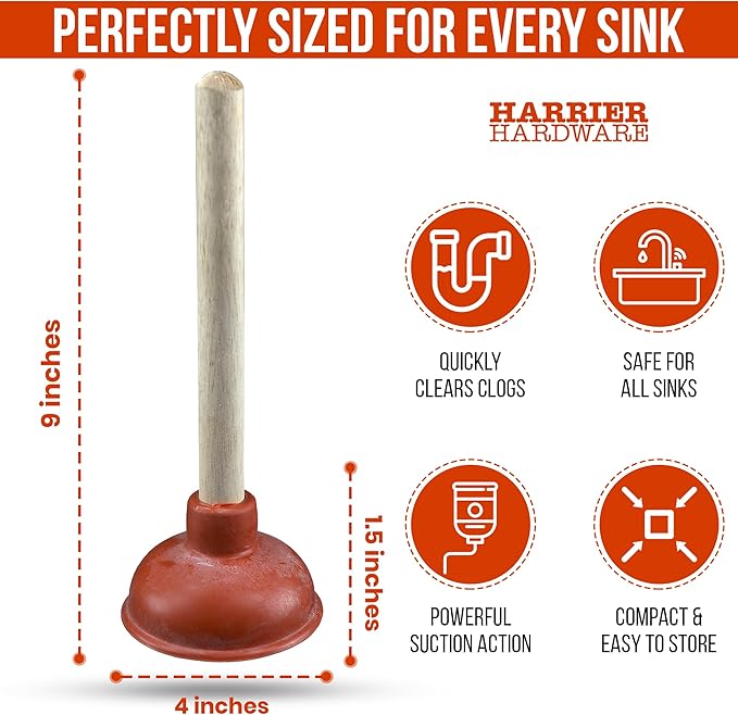 Small Sink Plunger, 10.5-Inch, 4-Inch Mouth, 9-Inch Handle, Compact