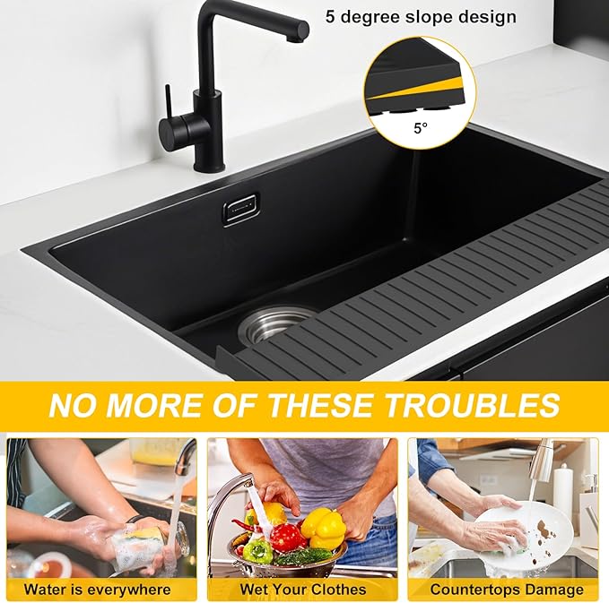 Kitchen Sink Splash Guard, 4 * 24‘’ Sink Edge Protector with Suction Cups, Silicone Faucet Splash Guard & Draining Mat for Kitchen, Bathroom Sink, Steel, Granite, Quartz Countertops (Black)