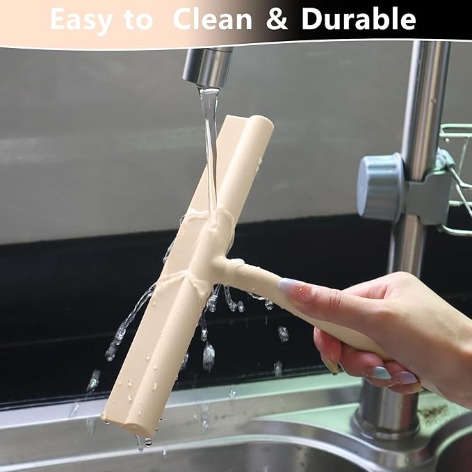Shower Squeegee for Glass Doors, Full Silicone Jacketed Squeegee with Ergonomic Handle & No-Drill Hook, Cleaning Tool for Windows, Mirrors, Tiles, Bathroom & Car - Beige