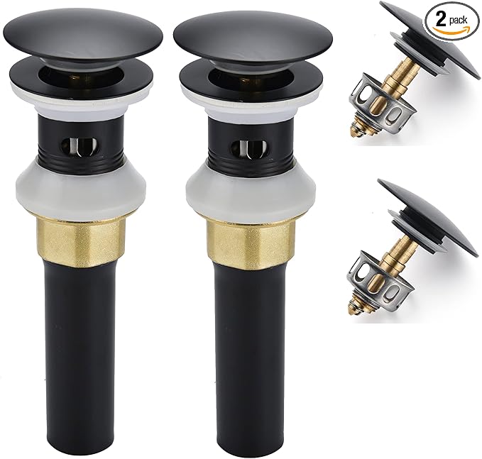 Bathroom Sink Drain,2 Pack Drain Stopper Bathroom Sink with Overflow,Pop Up Drain Assembly with Detachable Strainer Basket,Built-in Anti-Clogging Strainer,Stainless Steel Mattle Black