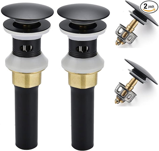 Bathroom Sink Drain,2 Pack Drain Stopper Bathroom Sink with Overflow,Pop Up Drain Assembly with Detachable Strainer Basket,Built-in Anti-Clogging Strainer,Stainless Steel Mattle Black
