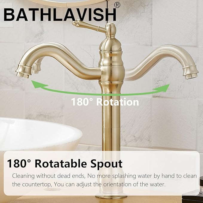 Brushed Gold Vessel Sink Faucet 360° Swivel for Bathroom Single Hole Farmhouse Tall Commercial Vanity Matching Pop Up Drain Without Overflow Mixer Tap Single Handle