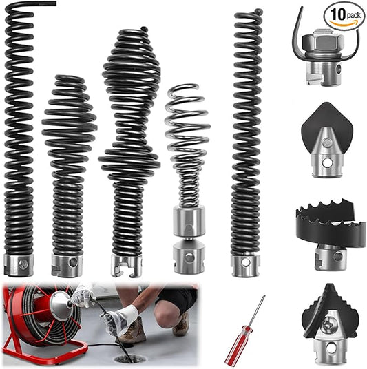 10Pcs Drain Snake Drill Attachment, Compatible with K-400, C-4, C-6, C-7, C-8, C-9, Drain Auger Cutter Kit for 5/8" Drain Snake Cable Heads Tips, Includes 4 Cutters and 5 Spirals