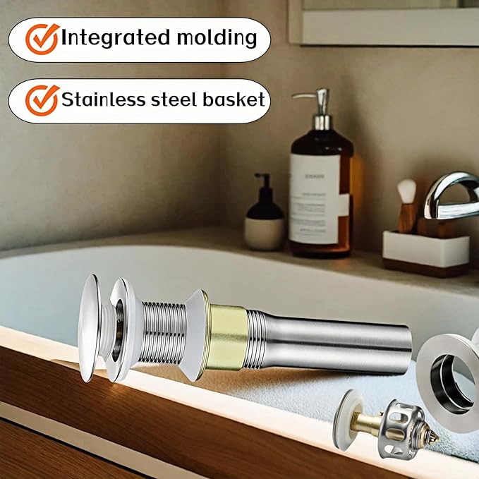 Pop-Up Sink Drain for No Overflow Basin, Stainless Steel, Hair Catcher Filter, 7.09 inch Length, Brushed Nickel (Nonporous)