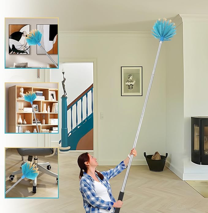 Cobweb Duster with Extension Pole，Medium Stiff Bristles Cobweb Duster Head ，Adjustable from 28 to 56 inches Long Duster for High Ceilings, Suitable for Ceilings, Walls, Indoor Outdoor Environments
