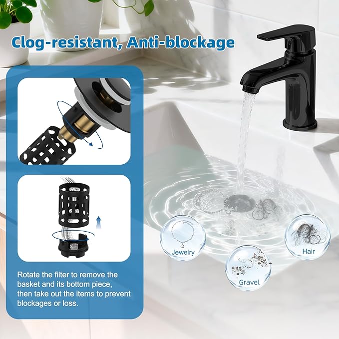 Hibbent Universal Bathroom Sink Drain Strainer, Upgraded 3 in 1 Pop Up Stopper, Removable Stainless Steel Filter Basket, Brass Bullet Core, Hair Catcher Sink Plug for 1.1''~2.36'' Hole, Matte Black