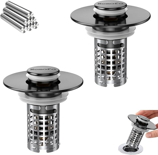 Bathroom Sink Drain Strainer, Stainless Steel Pop-up Strainer Basket Hair Catcher with Removable Basket, Brass Bullet Core, Universal Fit 1.1-2.36 Inch (Matte Black (2PCS))