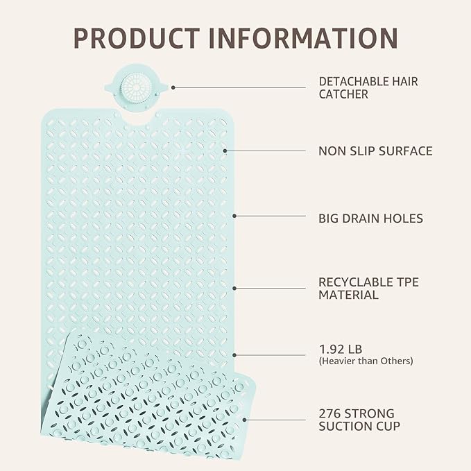 OTHWAY Bath Mat for Tub Non Slip: 39" X 17" Long Bathtub Mat with Hair Catcher│Big Drain Holes Shower Mats for Inside Shower│Machine Washable (Light Blue)