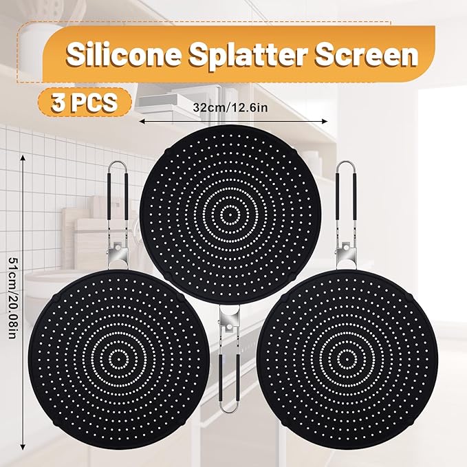 3 Pcs Silicone Splatter Screen for Frying Pan Grease Oil Splatter Collapsible Splash Guard Heat Resistant Multi Use for Baking and Cooking(Black)