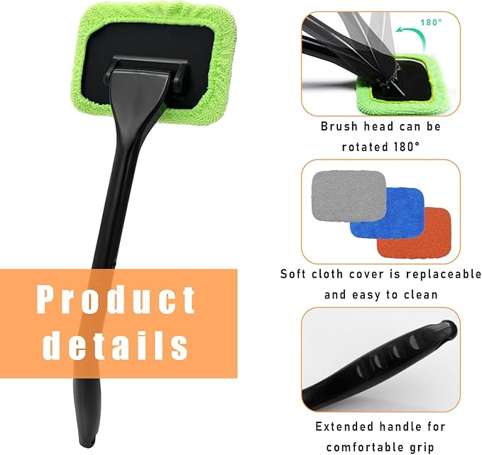 Car Windshield Cleaning Tool, Microfiber Window Cleaner with 4 Washable and Reusable Cloth Pad & Long Handle, Auto Glass Wiper Cleaning Kit with Spray Bottle, Car Accessories