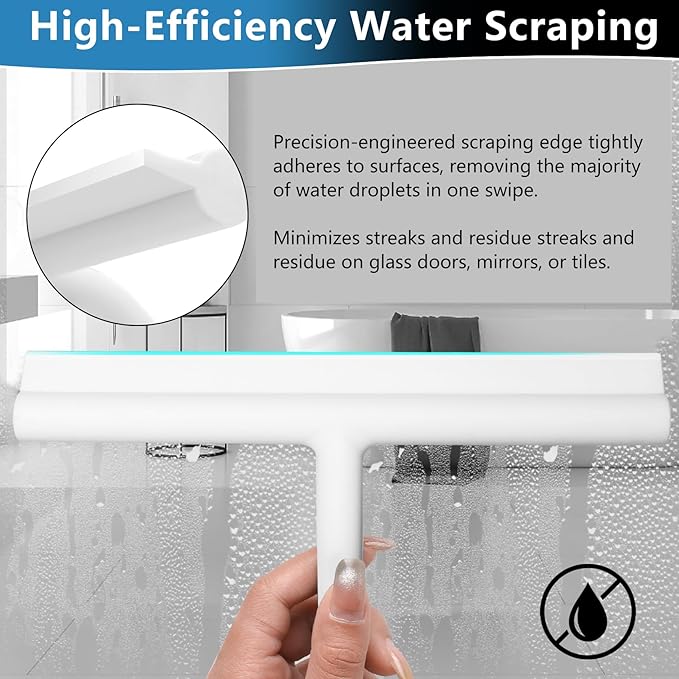 Shower Squeegee for Glass Doors, Full Silicone Jacketed Squeegee with Ergonomic Handle & No-Drill Hook, Cleaning Tool for Windows, Mirrors, Tiles, Bathroom & Car - White