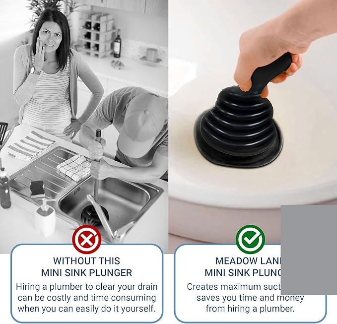Meadow Lane Small 7" Sink Plunger - Mini Clog Remover for Kitchen & Bathroom Sink Drains - Hand Ergonomic, Space-Saving & Powerful Suction - Universal Fit for Home or Commercial Use, Black