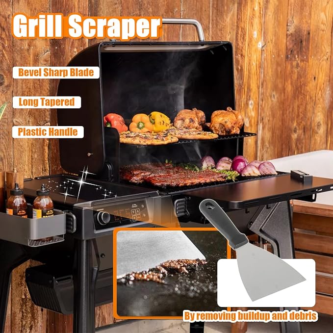 6 Piece Pellet Grill Ash Cleaning Kit, Includes 1 Dust Scoop, 1 Soft Bristle Brush, 1 Flat Scraper, 1 3D Scraper, 2 Hook
