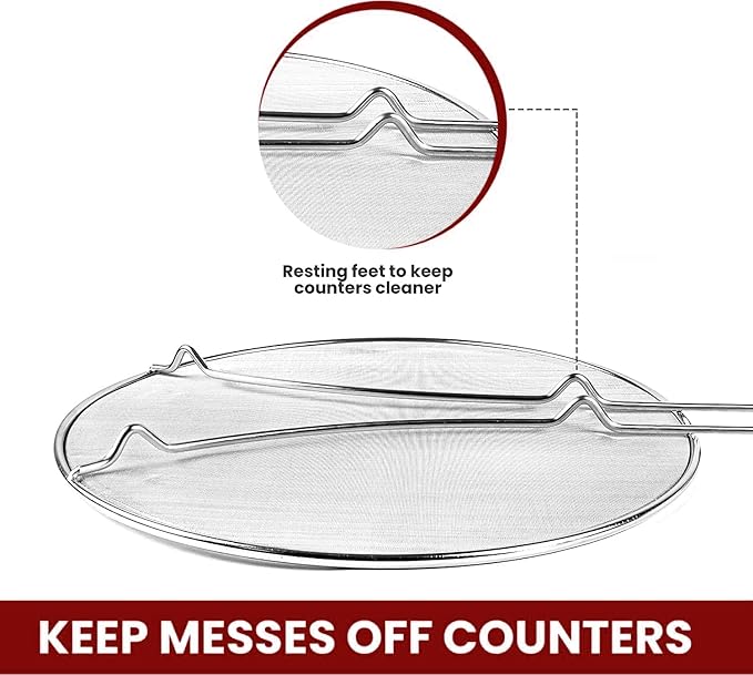 13" Grease Splatter Screen for Cooking | Stainless Steel Oil Splatter Guard and Ultra-Fine Mesh Protects Skin from Burns | Silicone Red Handle