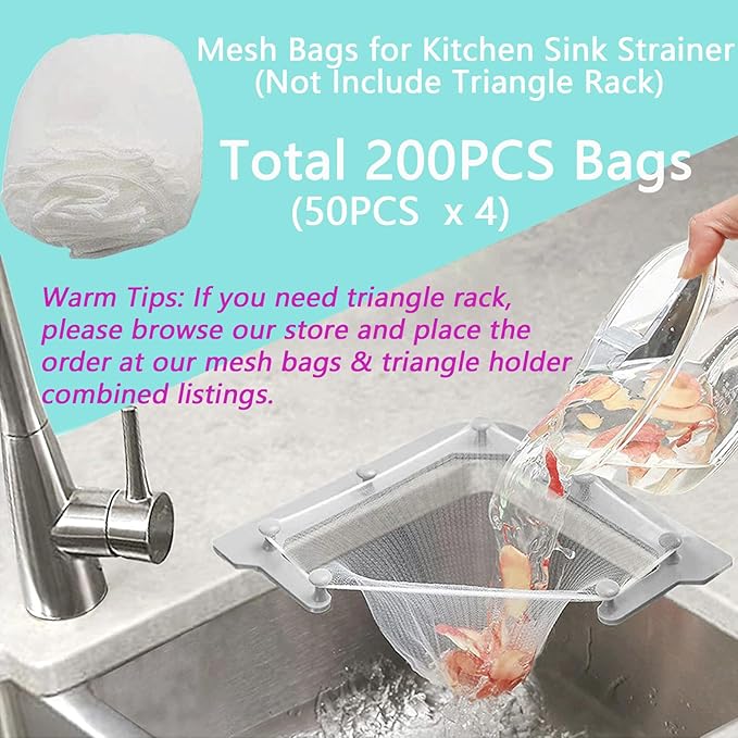 200PCS Large Size Filtering Mesh Bags for Kitchen Sink Triangle Tri-Holder Filter Kitchen Sink Strainer