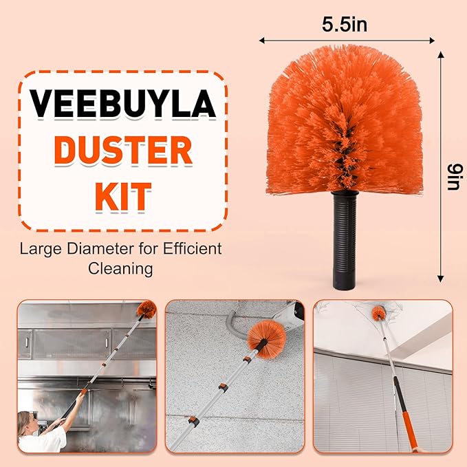 15FT Reach Cobweb Duster with Extension Pole - Spider Web Brush for Cleaning with 3-12FT 4-Section Flip-Lock Telescopic Pole, Effortlessly Cleans High Indoor & Outdoor Webs
