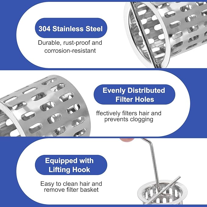 uxcell Hair Strainer, 304 Stainless Steel Shower Drain Strainer with Lifting Hook Hair and Debris Collector Debris Filter Basket for Bathroom Kitchens, Silver