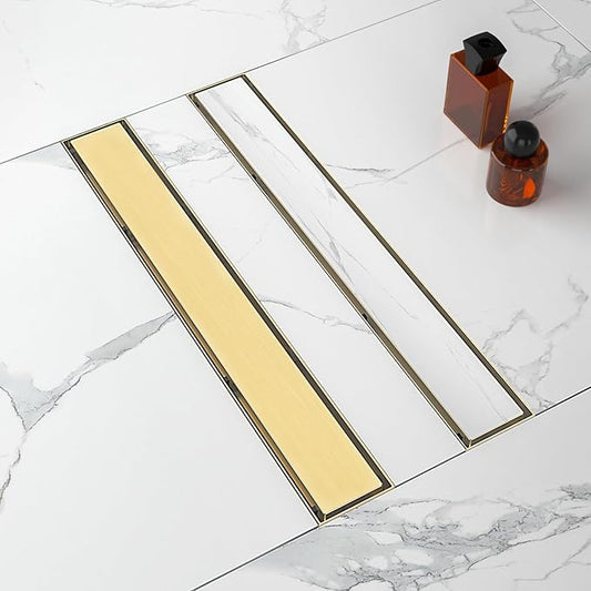 28-Inch Linear Shower Drain with Tile Insert Grate, SUS 304 Stainless Steel Linear Drain, Brushed Gold Long Rectangle Shower Floor Drain with Leveling Feet, Hair Strainer, Fits Bathroom