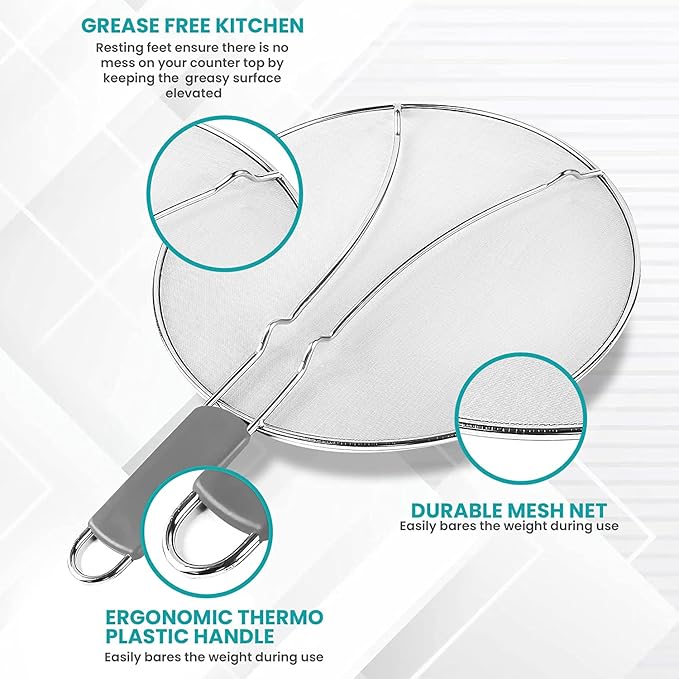 13" Grease Splatter Screen for Cooking | Stainless Steel Oil Splatter Guard and Ultra-Fine Mesh Protects Skin from Burns | TPR Tight-Grip Handle (Grey)
