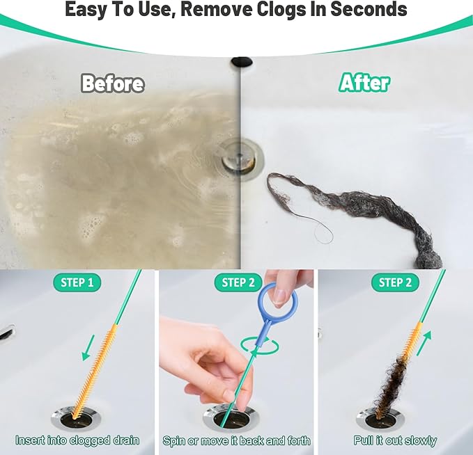Reusable Drain Snake Hair Drain Clog Remover 30 Inch, 2026 Upgraded Sink Snake Drain Hair Removal Tool, Anti-Break Metal Shower Snake Drain Cleaner to Unclog Bathroom Sink, Tub (Blue head)
