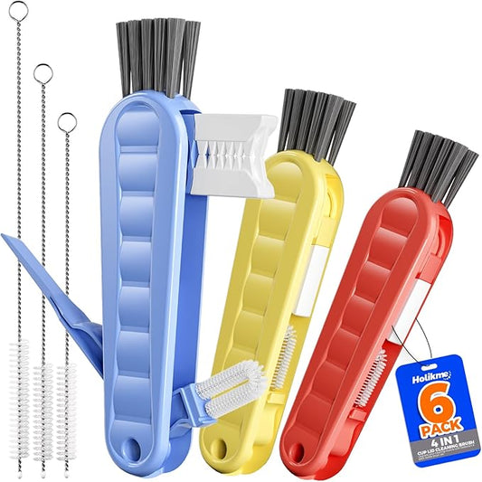6 Pack Holikme 4 in 1 Cup Lid Cleaning Brush Set with 3 Straws, Multifunctional Bottle Brush, Silicone Cup Lid Gap Cleaner, Durable Bristle Crevice Cleaning Brush, Blue & Yellow & Red