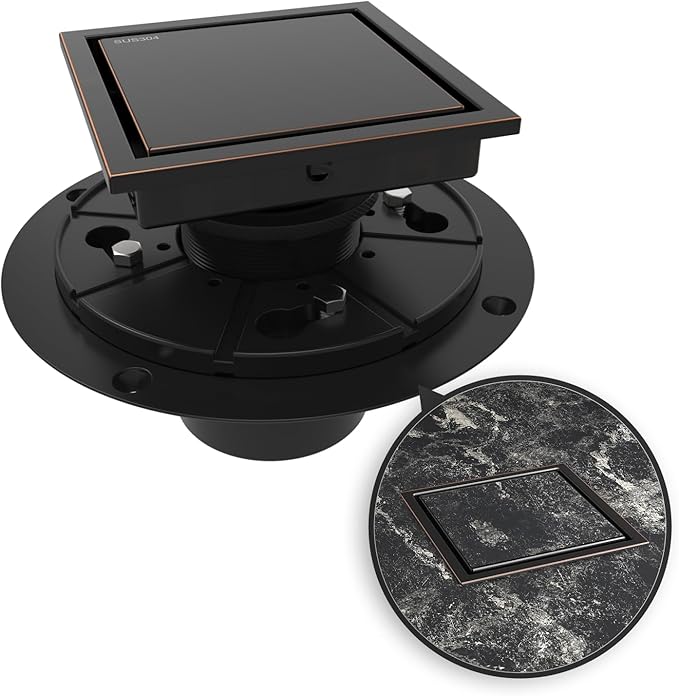 WEBANG 4 Inch Square Shower Drain Bronze Floor Drain with Flange Reversible 2-in-1 Cover Tile Insert Grate Removable SUS304 Stainless Steel CUPC Certified Oil Rubbed Bronze