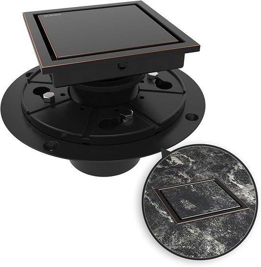 WEBANG 4 Inch Square Shower Drain Bronze Floor Drain with Flange Reversible 2-in-1 Cover Tile Insert Grate Removable SUS304 Stainless Steel CUPC Certified Oil Rubbed Bronze