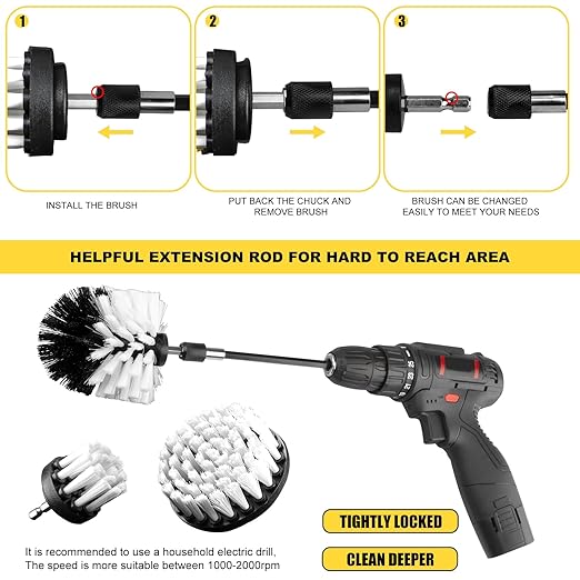 Drill Brush Attachment Kit, 3-Piece Cleaning Set for Bathtubs, Showers, Tiles, Carpets, and More