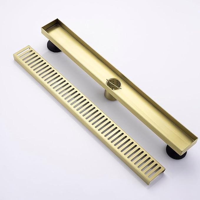 28 Inch Linear Shower Drain Bathroom Kitchen Golden Floor Drain Removable Capsule Pattern Cover Accessories Shower Drain 304 Stainless Steel Drain with Hair Strainer Adjustable Leveling Feet