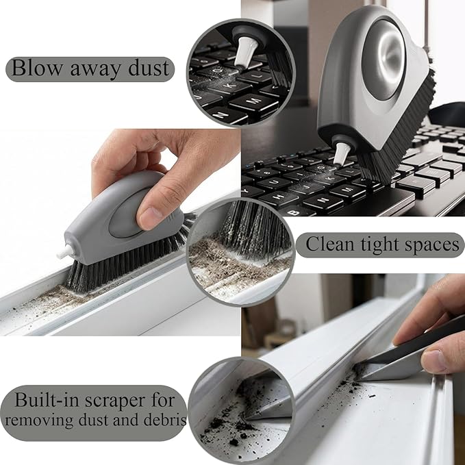 2 Pack Window Track Cleaning Brush – 3-in-1 Air-Blast Scrub Brush for Window Tracks,Sills, Seals & Sliding Doors,Keyboard – Stiff Bristle Handheld Scrubber with Scraper