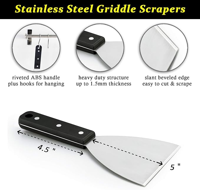 HaSteeL Griddle Scraper 2Pcs, Stainless Steel 9.5in Slant Edge Metal Grill Scraper Chopper for Food Service & Cleaning Supplies, Perfect for Teppanyaki Flat Top BBQ Indoor & Outdoor, Dishwasher Safe
